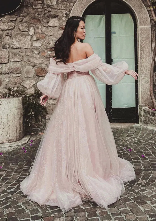 Serene Hill Arabic Pink A-Line Off-the-Shoulder Side Split Luxury Dubai Prom Dress for Women&