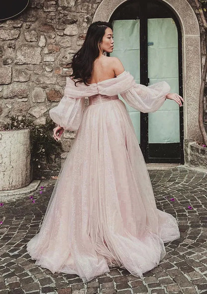 Serene Hill Arabic Pink A-Line Off-the-Shoulder Side Split Luxury Dubai Prom Dress for Women&
