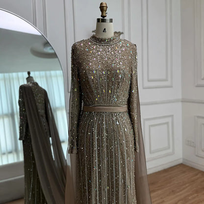 Modest Luxury Caramel Beaded Long Sleeve Evening Dress LA72569A - SERENE HILL