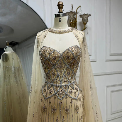 Luxury Dubai Nude Saudi Evening Gown Mermaid Detachable Cape Sleeves Luxury Beaded Dress for Formal Occasion LA72716 - SERENE HILL