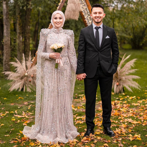 Luxury Silver High Neck Long Sleeve Evening Dress for Formal LA73116