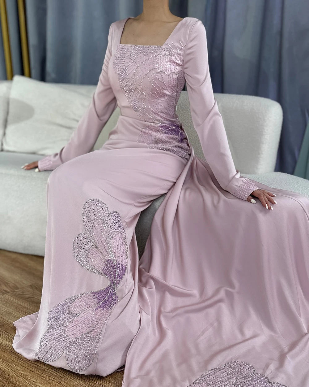 Serene Hill 2025 Arabic Pink Mermaid Elegant Beaded Satin Luxury Dubai Evening Dresses Gowns For Women Party LA72001A - SERENE HILL