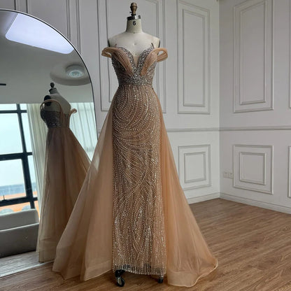 Luxury Nude Mermaid Off Shoulder Beaded Evening Dress with Overskirt LA73131 - SERENE HILL