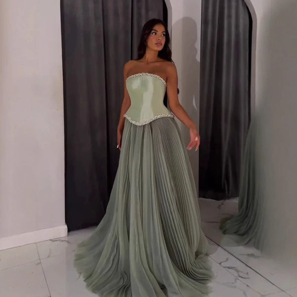 Luxury Sage Green A-Line Crystal Beaded Evening Dress LA73169A
