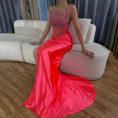 Serene Hill 2025 Arabic Fuchsia Side Split Beaded Mermaid Luxury Dubai Evening Gown for Women&