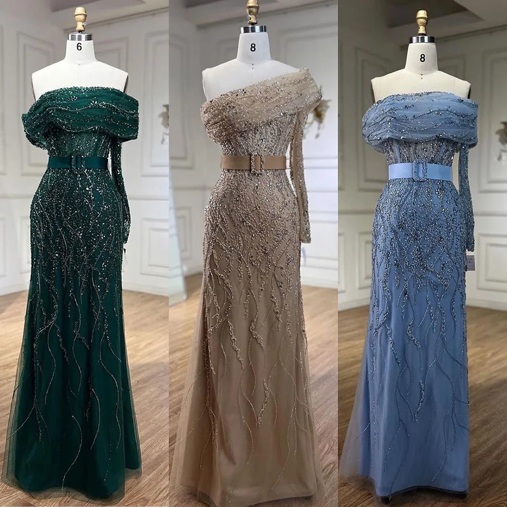 Serene Hill Arabic Nude Mermaid One Shoulder Beaded Luxury Dubai Evening Dresses Gowns For Women Wedding Party 2025 LA72161 - SERENE HILL