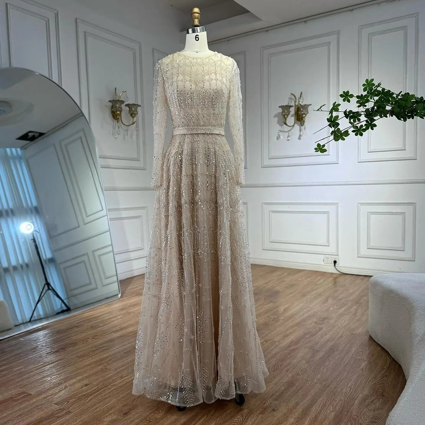 Luxury Nude A-Line Pearls Beaded Evening Dress LA73174 - SERENE HILL