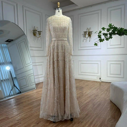 Luxury Nude A-Line Pearls Beaded Evening Dress LA73174 - SERENE HILL