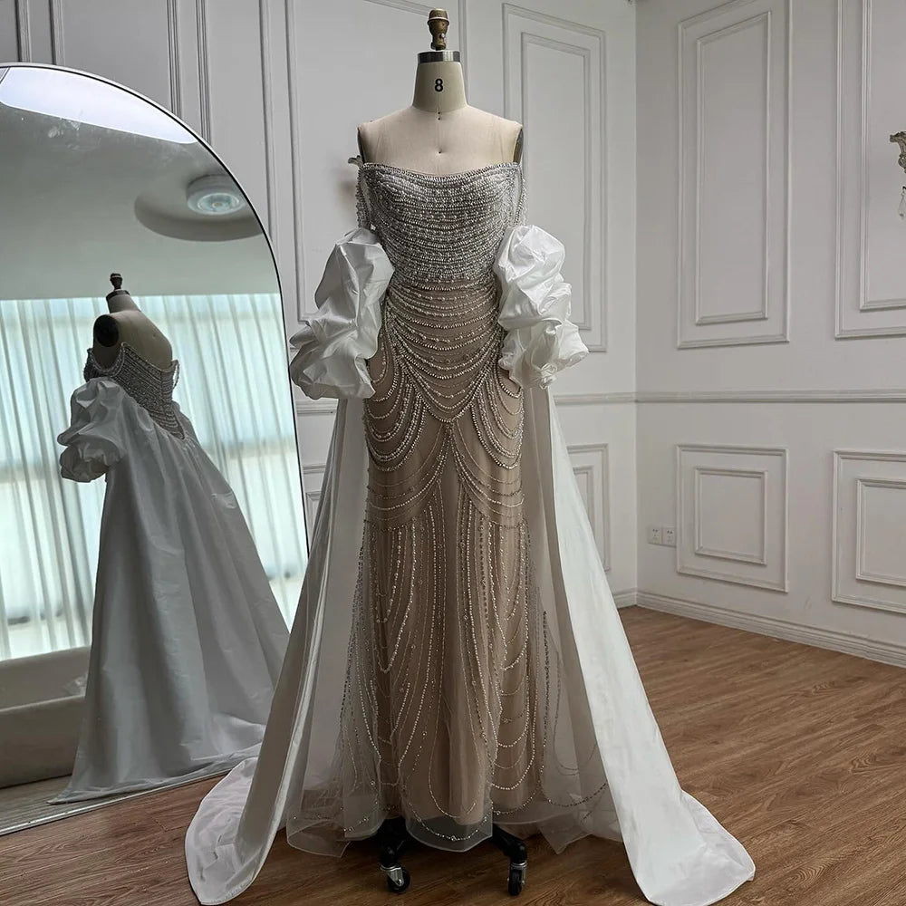 White Nude Beaded Mermaid Evening Dress with Satin Cape LA72253B - SERENE HILL