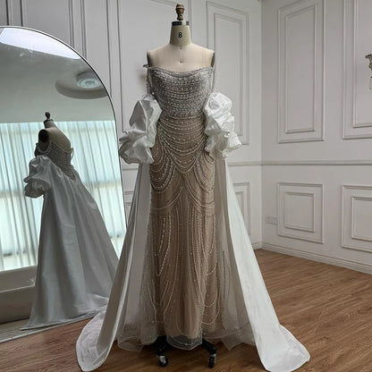 White Nude Beaded Mermaid Evening Dress with Satin Cape LA72253B - SERENE HILL
