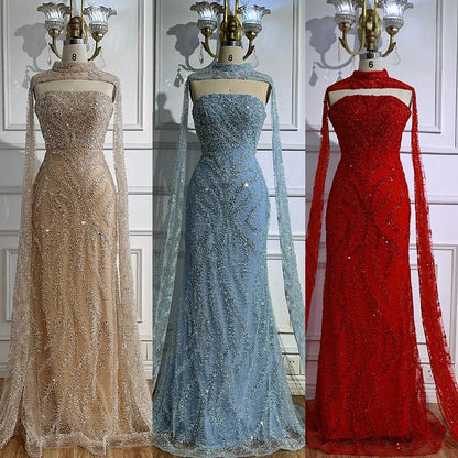 Luxury Nude Beaded Evening Dress with Cape Sleeves LA72824 - SERENE HILL