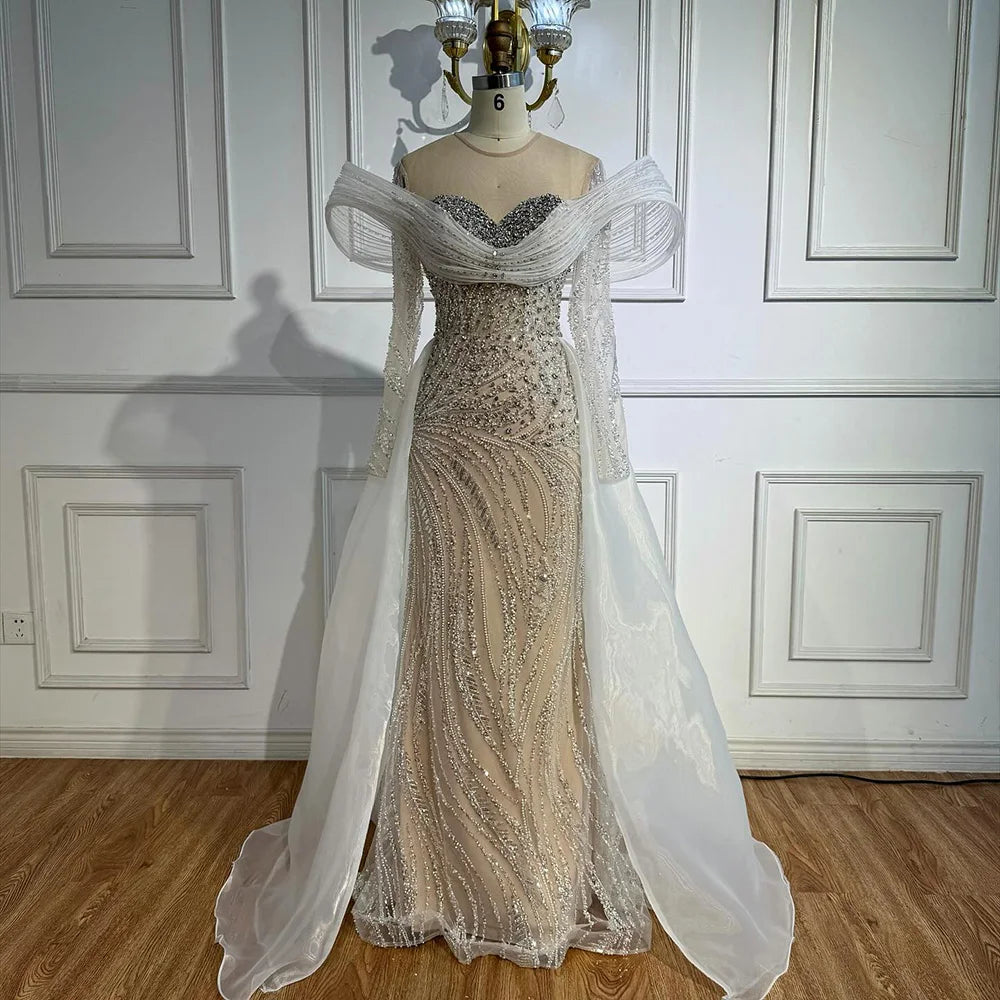 Elegant White Nude Sequin Beaded Mermaid Evening Gown LA72266C - SERENE HILL