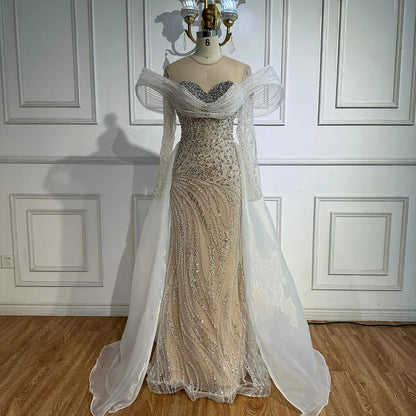 Elegant White Nude Sequin Beaded Mermaid Evening Gown LA72266C - SERENE HILL