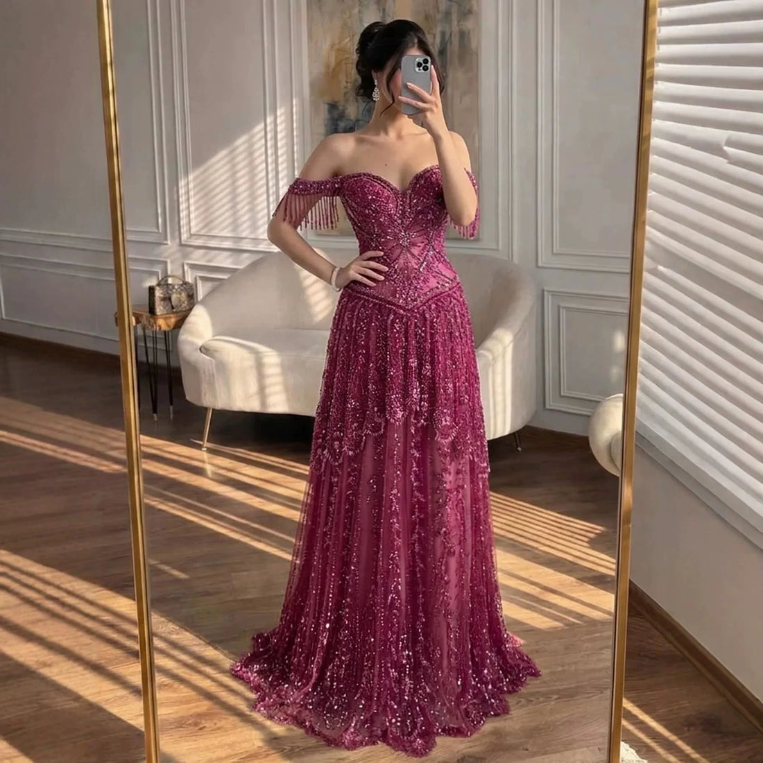 Luxury Fuchsia Beaded A-Line Evening Dress With Tassels LA73594 SERENE HILL