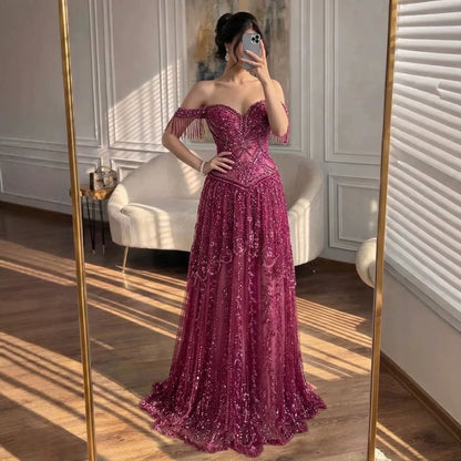 Luxury Fuchsia Beaded A-Line Evening Dress With Tassels LA73594 SERENE HILL