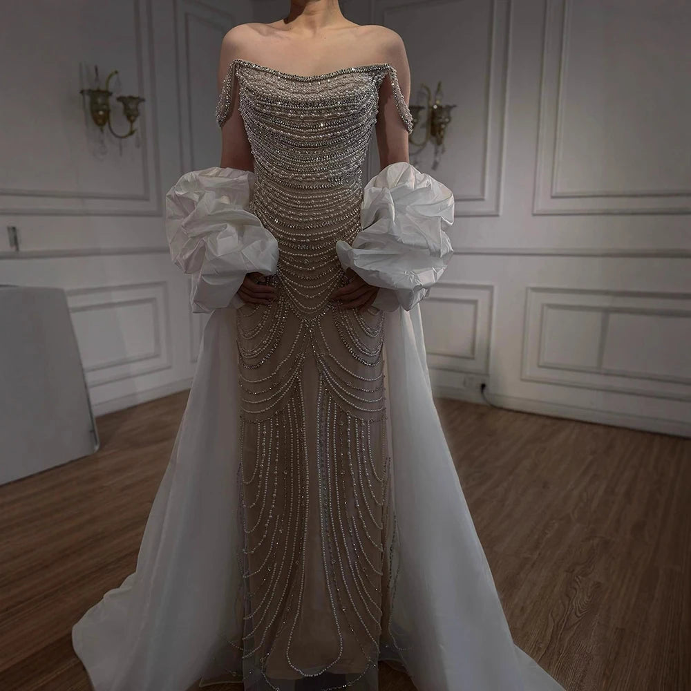 White Nude Beaded Mermaid Evening Dress with Satin Cape LA72253B - SERENE HILL