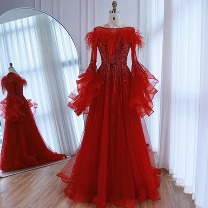 Luxury Red Feathered A-Line Evening Dress with Puffy Sleeves LA73080 - SERENE HILL