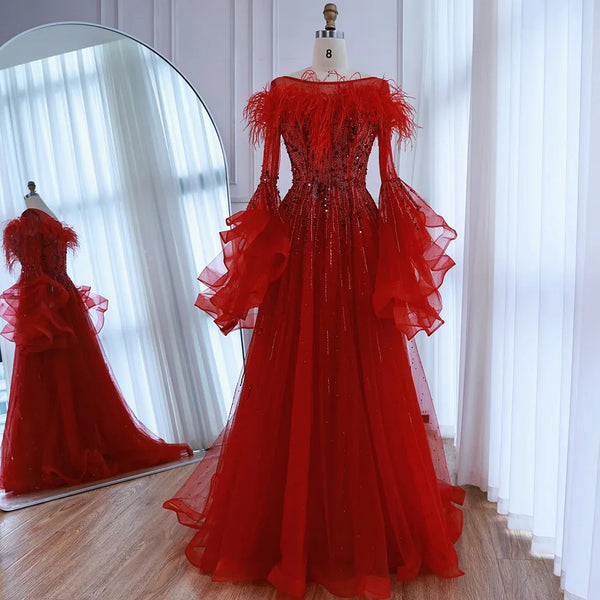Luxury Red Feathered A-Line Evening Dress with Puffy Sleeves LA73080