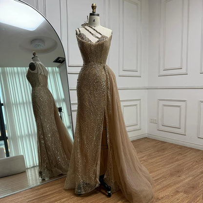 Luxury Nude Crystal Beaded One-Shoulder Evening Dress with Overskirt LA73161 - SERENE HILL