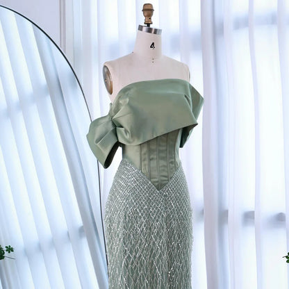 Sage Green Off Shoulder Tassel Beaded Mermaid Evening Dress LA73037 - SERENE HILL