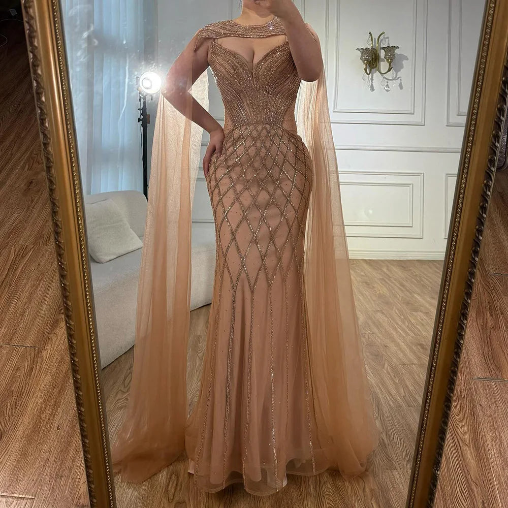 Luxury Nude Beaded Mermaid Evening Dress with Cape LA72814 - SERENE HILL