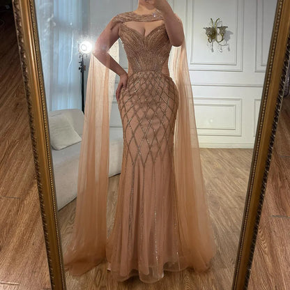 Luxury Nude Beaded Mermaid Evening Dress with Cape LA72814 - SERENE HILL