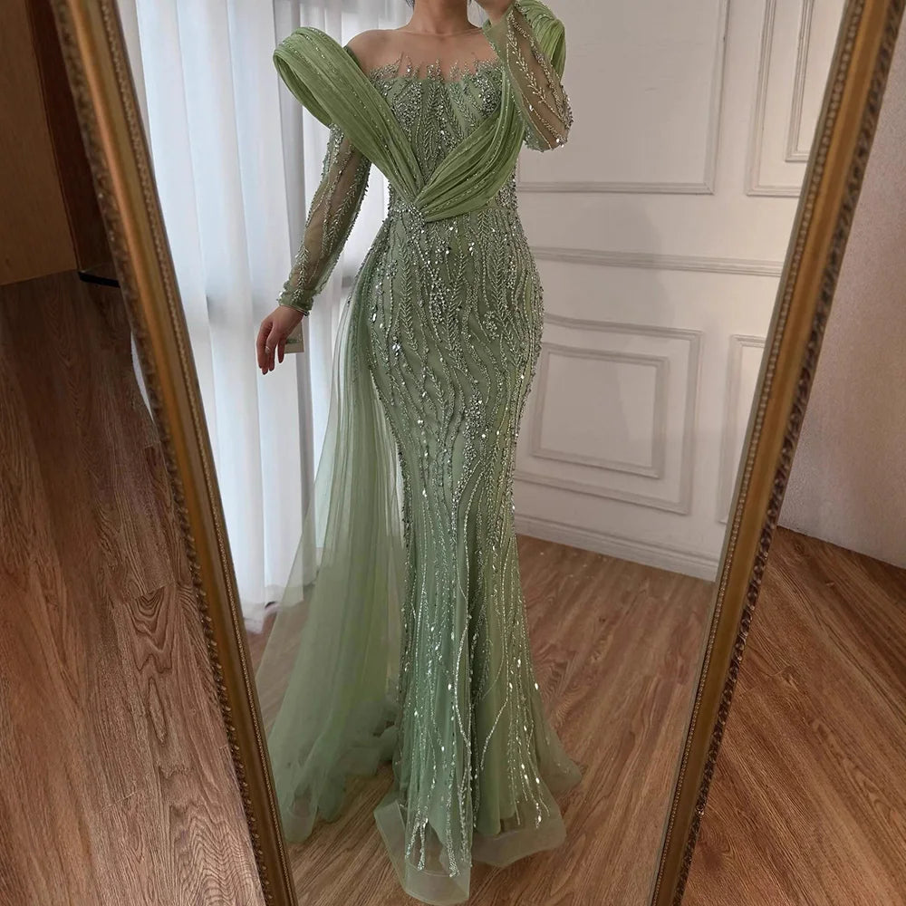 Elegant Sage Green Beaded Evening Dress with Flowing Hem LA72928 - SERENE HILL