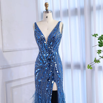 Luxury Blue Beaded Feather Mermaid Evening Dress LA73369 - SERENE HILL