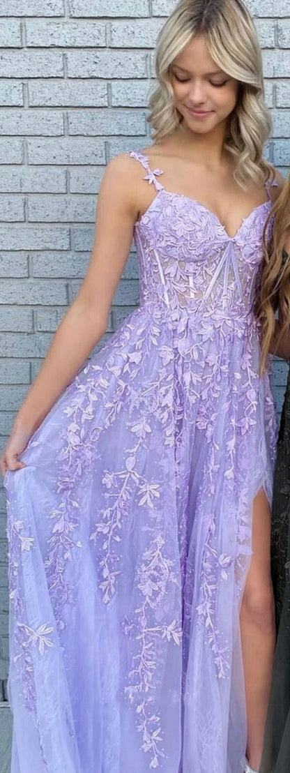 erene Hill Arabic Lilac A-Line Spaghetti Straps Long Lace Prom Dress with Split LA72692 - SERENE HILL