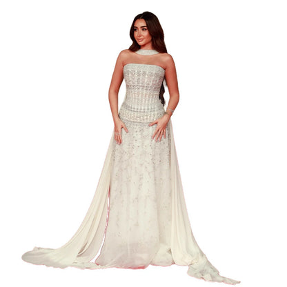 Luxury White Crystal Beaded Strapless Cape Evening Dress LA73334 - SERENE HILL