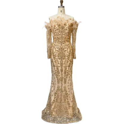 Luxury Dubai Green Long Sleeves Feathers Beaded Evening Dress LA72553 - SERENE HILL