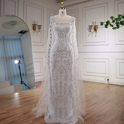 Luxury White Dubai Arabia Beading Evening Dress With Cape LA72870 - SERENE HILL