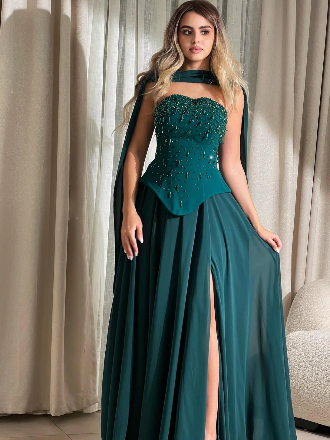 Luxury Green Beaded Corset Evening Dress with Cape LA73367 Green / 10