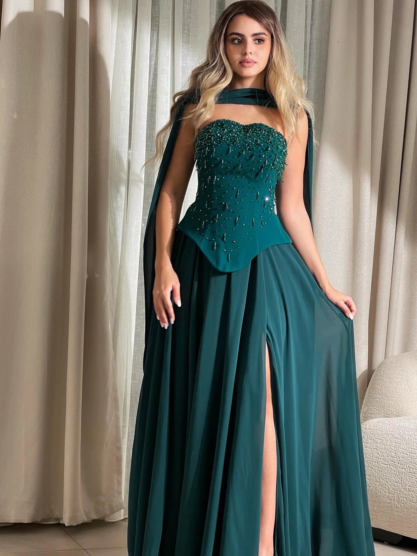 Luxury Green Beaded Corset Evening Dress with Cape LA73367 - SERENE HILL