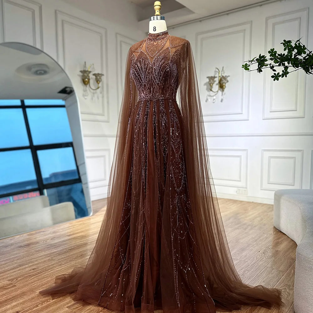 Luxury Brown Beaded Evening Gown with Cape Arabic Style LA72951 - SERENE HILL