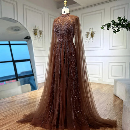 Luxury Brown Beaded Evening Gown with Cape Arabic Style LA72951 - SERENE HILL
