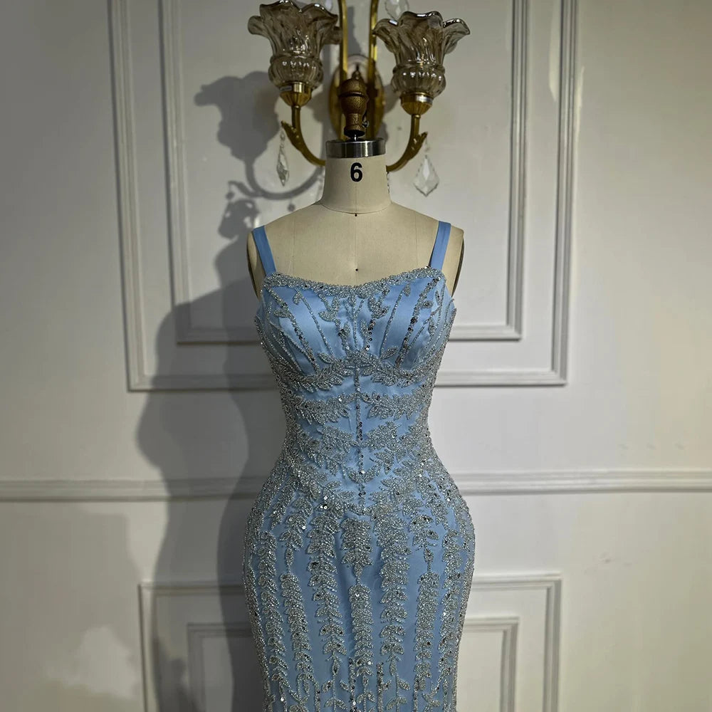 Luxury Arabic Blue Spaghetti Strap Mermaid Evening Dress Beaded LA72725 - SERENE HILL
