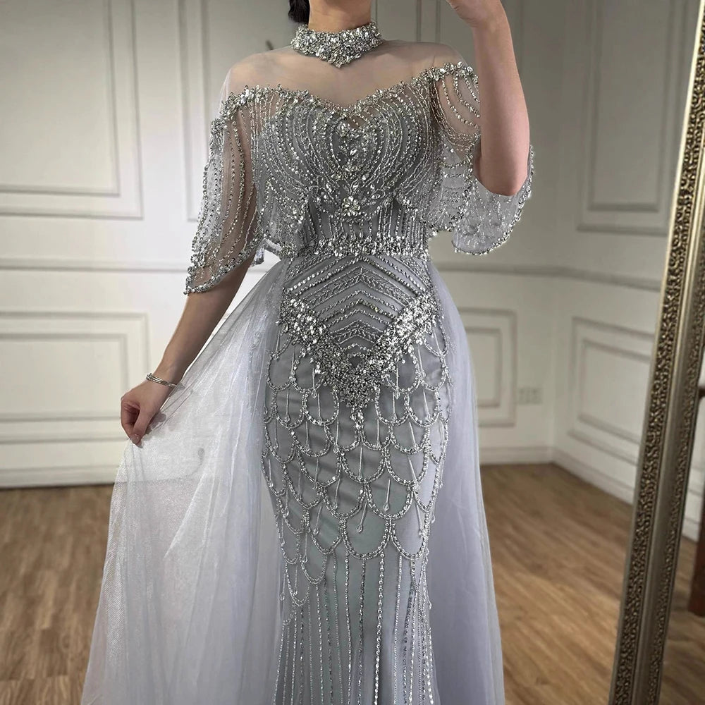Luxury Gray Beaded Evening Dress with Overskirt LA73129 - SERENE HILL