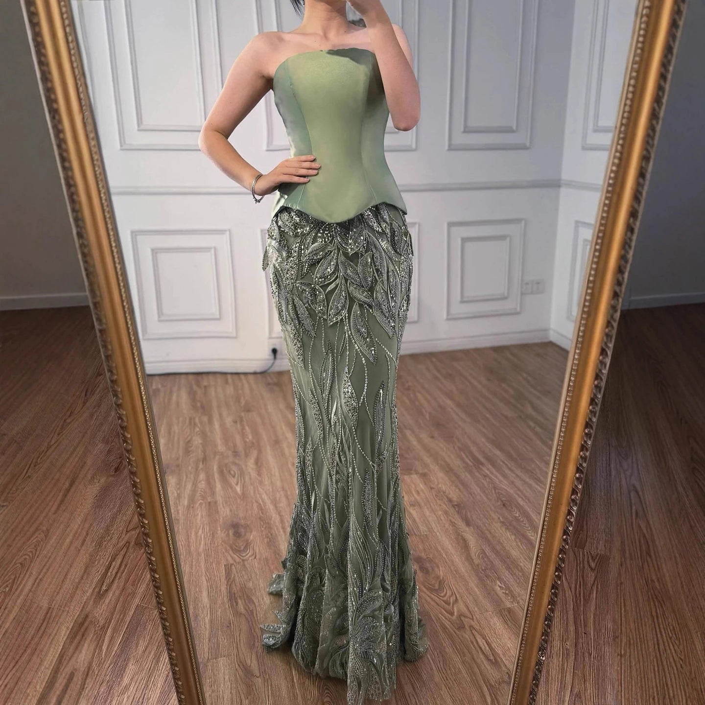 Luxury Sage Green Beaded Mermaid Evening Dress with Cape Collar LA73110 - SERENE HILL