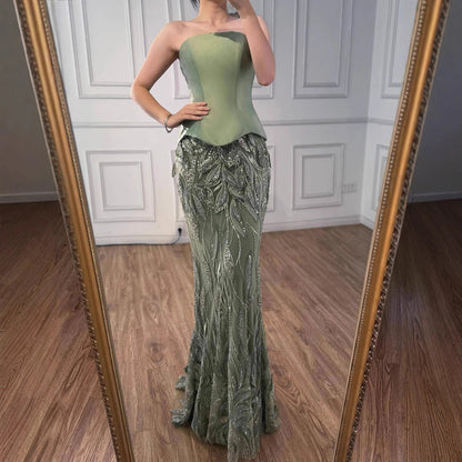 Luxury Sage Green Beaded Mermaid Evening Dress with Cape Collar LA73110 - SERENE HILL