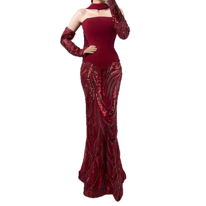 Luxury Wine Red Mermaid Evening Dress With Gloves LA73050E - SERENE HILL