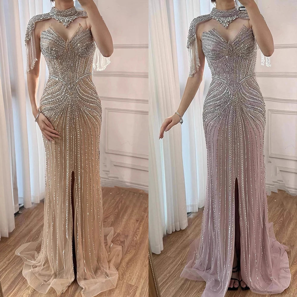 Nude Mermaid Evening Dress with Detachable High Neck Tassel LA72891A - SERENE HILL