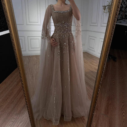 Luxury Caramel A-Line Beaded Evening Dress with Cape Sleeves LA73089A - SERENE HILL