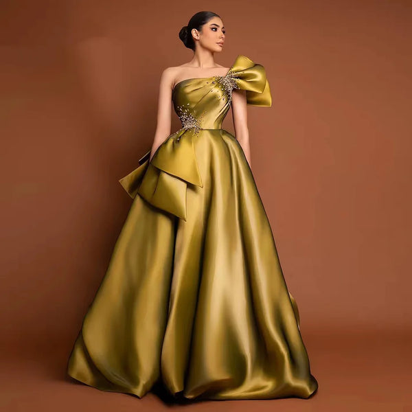 Luxury Yellow Satin One Shoulder A Line Evening Dress LA72794