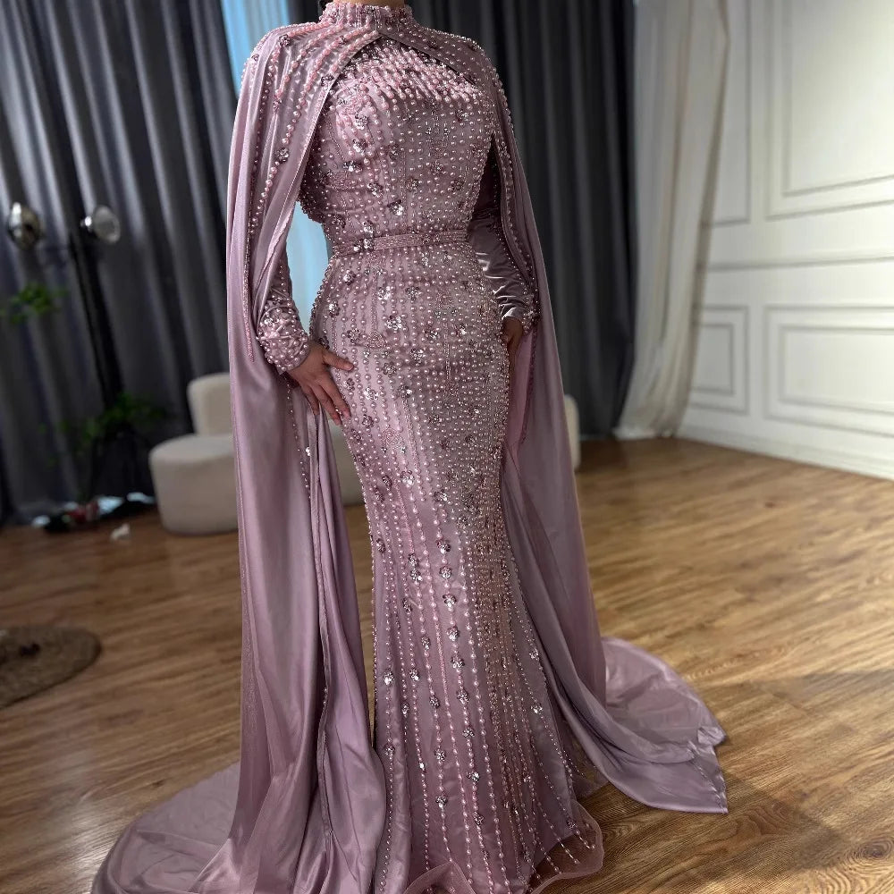 Modest Blue Muslim Beaded Evening Gown with Cape Sleeves LA72533 12 / Pink Modest Blue Muslim Beaded Evening Gown with Cape Sleeves LA72533 12 / Pink