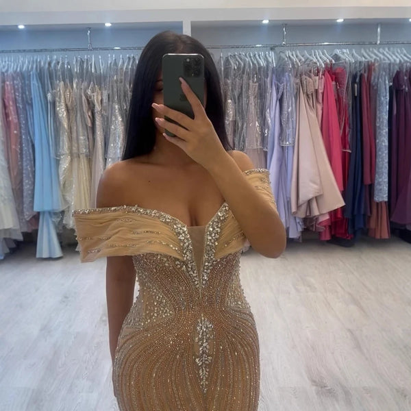 Luxury Gold Crystal Beaded Mermaid Evening Dress LA73142