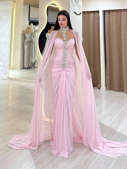 Luxury Pink Halter Crystal Beaded Evening Dress with Cape LA73374 - SERENE HILL
