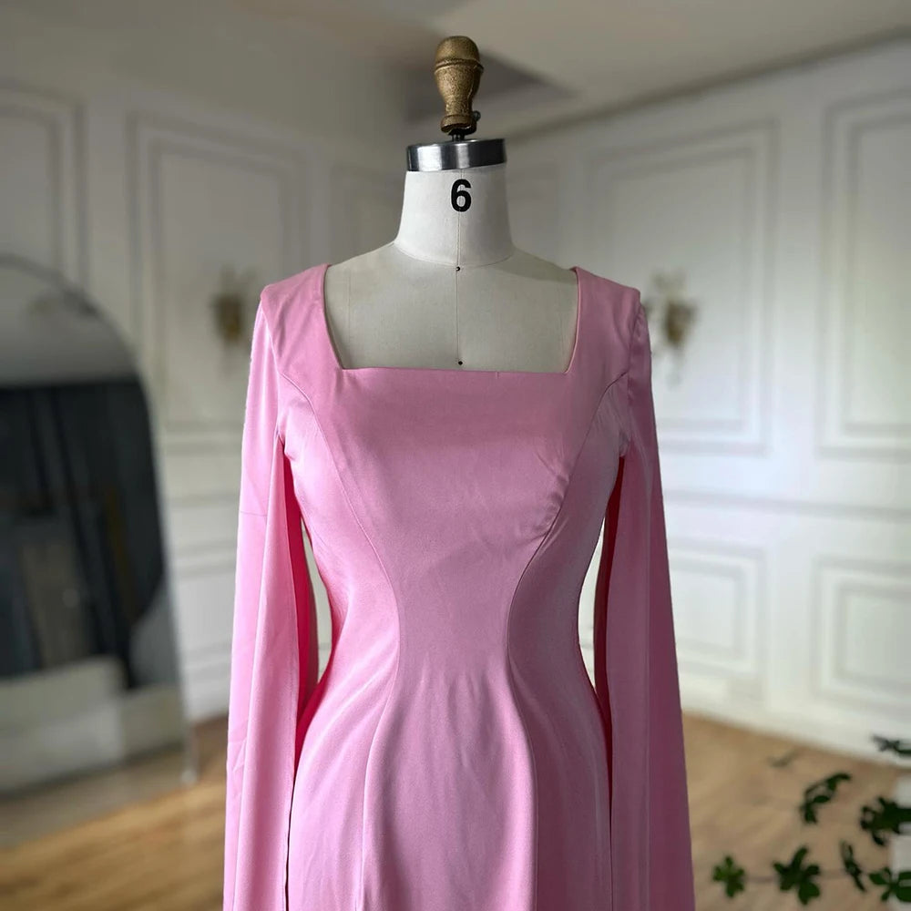 Luxury Arabic Pink Mermaid Evening Dress with Feather Cape LA72855 - SERENE HILL