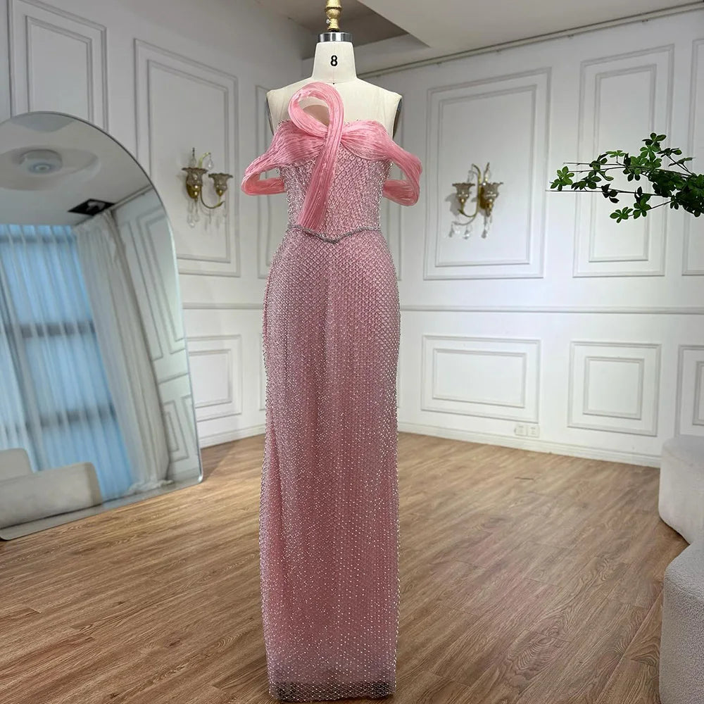 Luxury Pink Off Shoulder Mermaid Evening Dress with Bow LA73058 - SERENE HILL