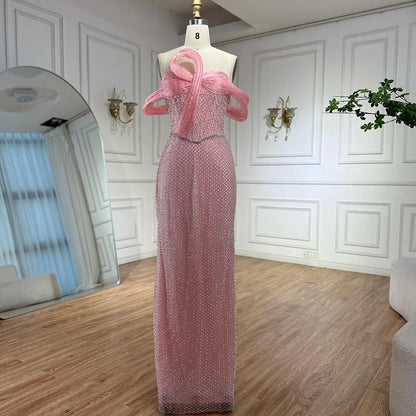 Luxury Pink Off Shoulder Mermaid Evening Dress with Bow LA73058 - SERENE HILL